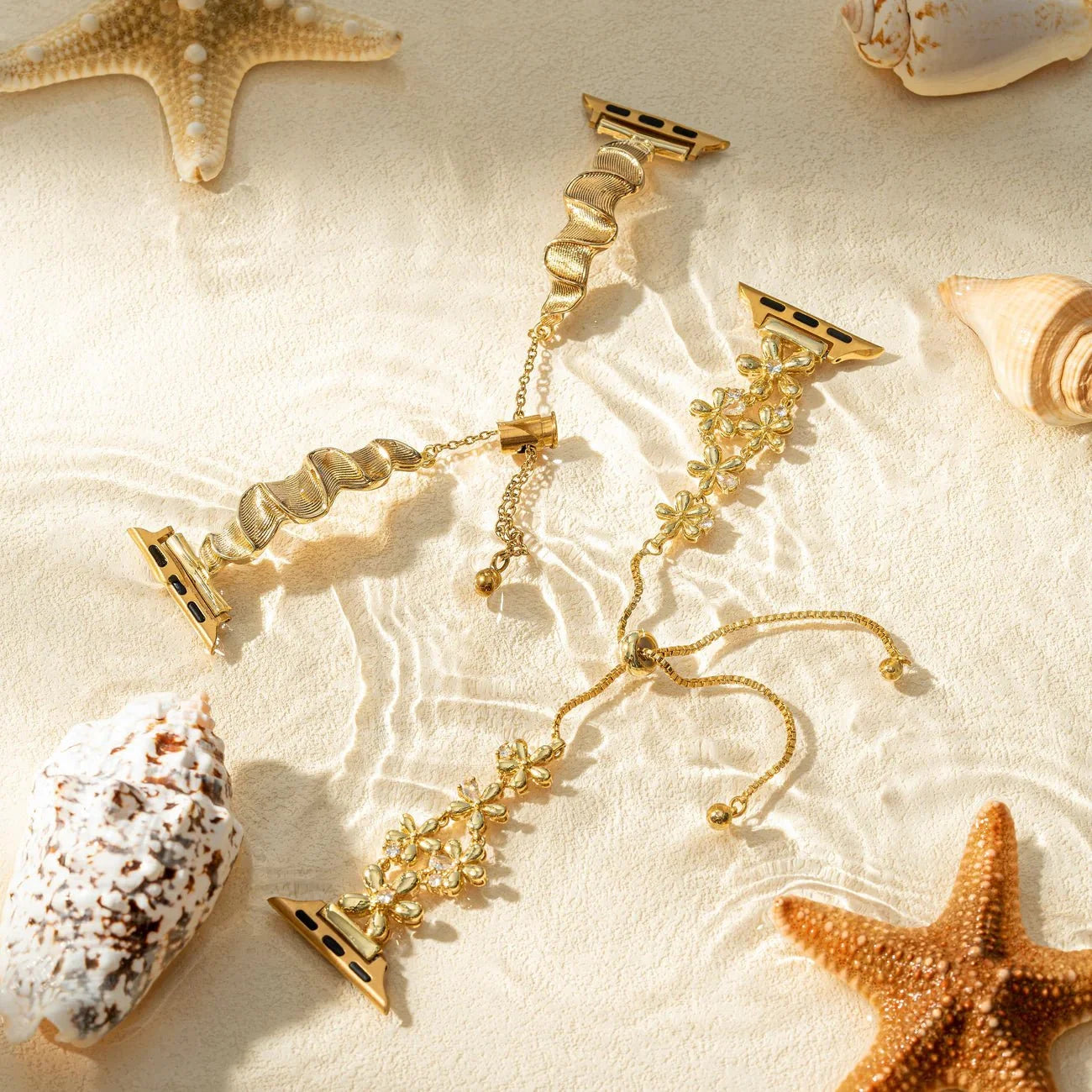 Apple Watch Bracelet with Floral Design, Metallic Flowers and Zirconia, Sliding Clasp, Filie Model