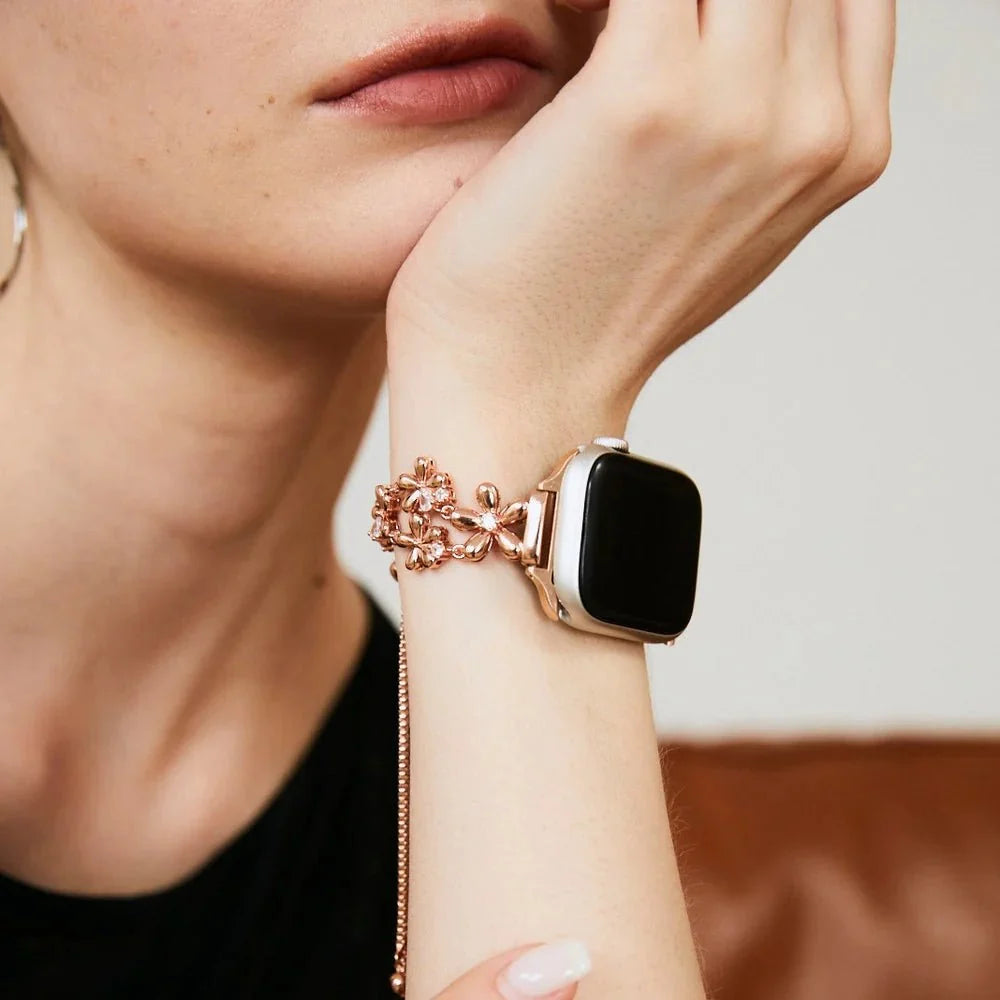 Apple Watch Bracelet with Floral Design, Metallic Flowers and Zirconia, Sliding Clasp, Filie Model