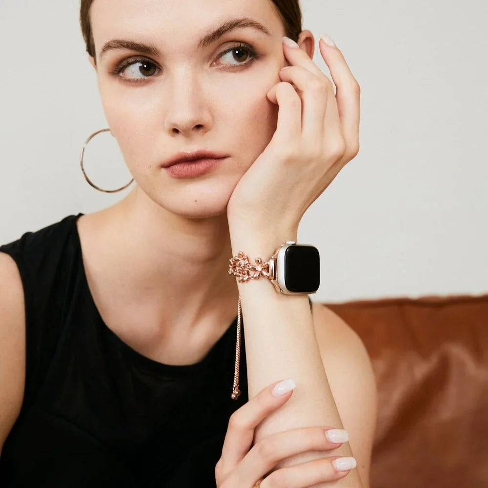 Apple Watch Bracelet with Floral Design, Metallic Flowers and Zirconia, Sliding Clasp, Filie Model