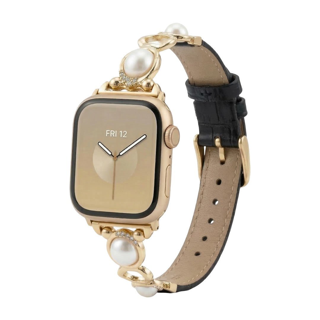 Apple Watch Bracelet with Beads and Vegan Leather, Decorative Smartwatch Band with Beads and Sparkling Details, Vilestia Model