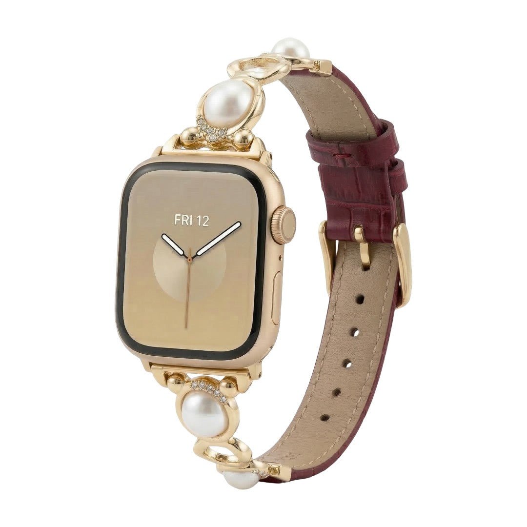 Apple Watch Bracelet with Beads and Vegan Leather, Decorative Smartwatch Band with Beads and Sparkling Details, Vilestia Model