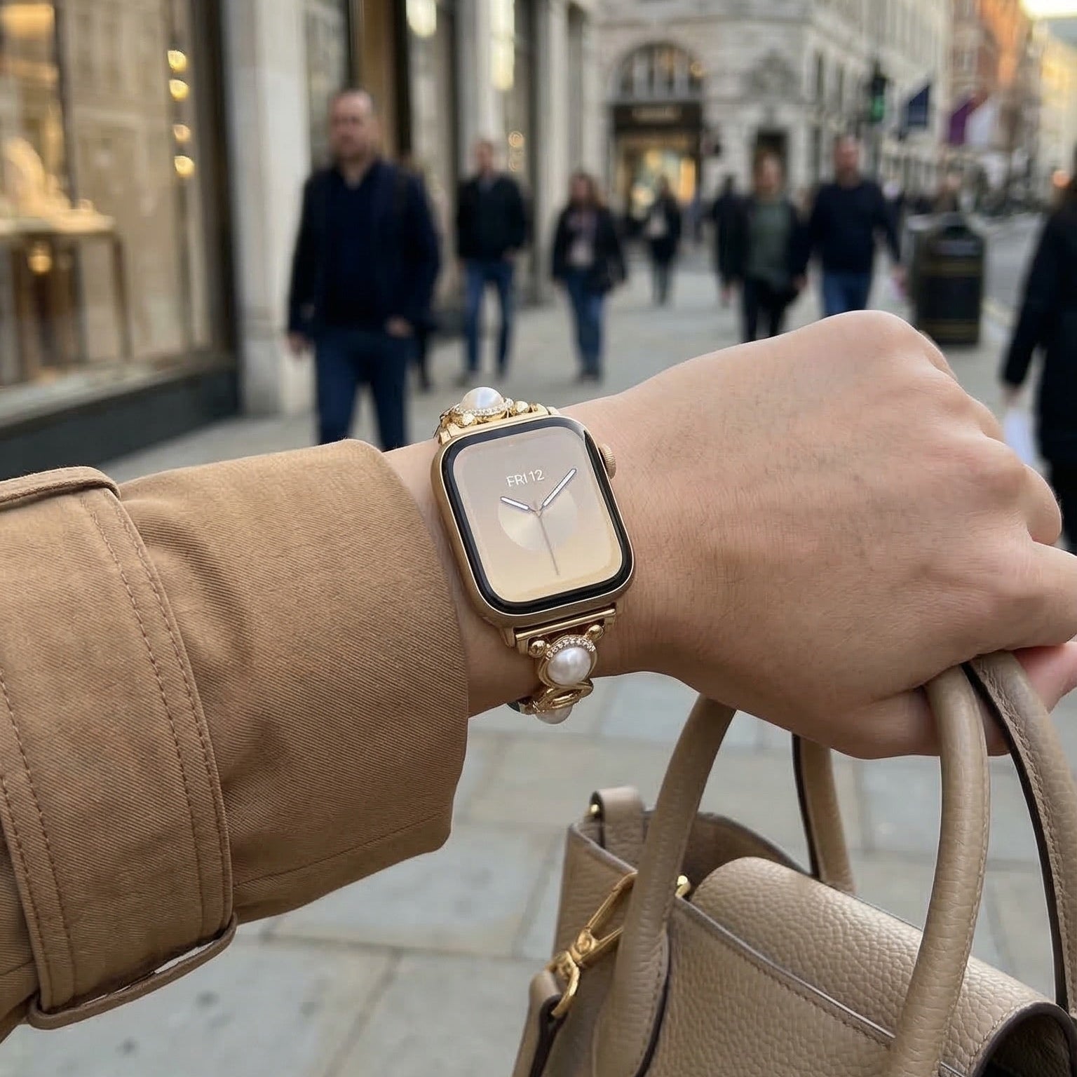 Apple Watch Bracelet with Beads and Vegan Leather, Decorative Smartwatch Band with Beads and Sparkling Details, Vilestia Model