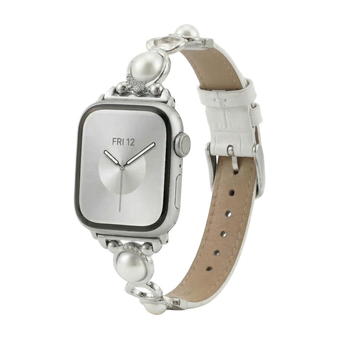 Apple Watch Bracelet with Beads and Vegan Leather, Decorative Smartwatch Band with Beads and Sparkling Details, Vilestia Model
