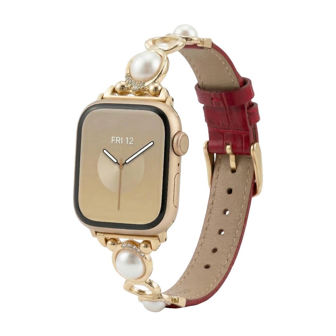 Apple Watch Bracelet with Beads and Vegan Leather, Decorative Smartwatch Band with Beads and Sparkling Details, Vilestia Model
