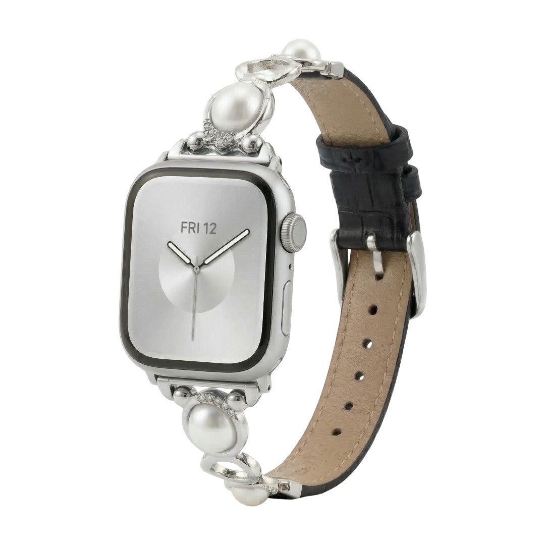 Apple Watch Bracelet with Beads and Vegan Leather, Decorative Smartwatch Band with Beads and Sparkling Details, Vilestia Model