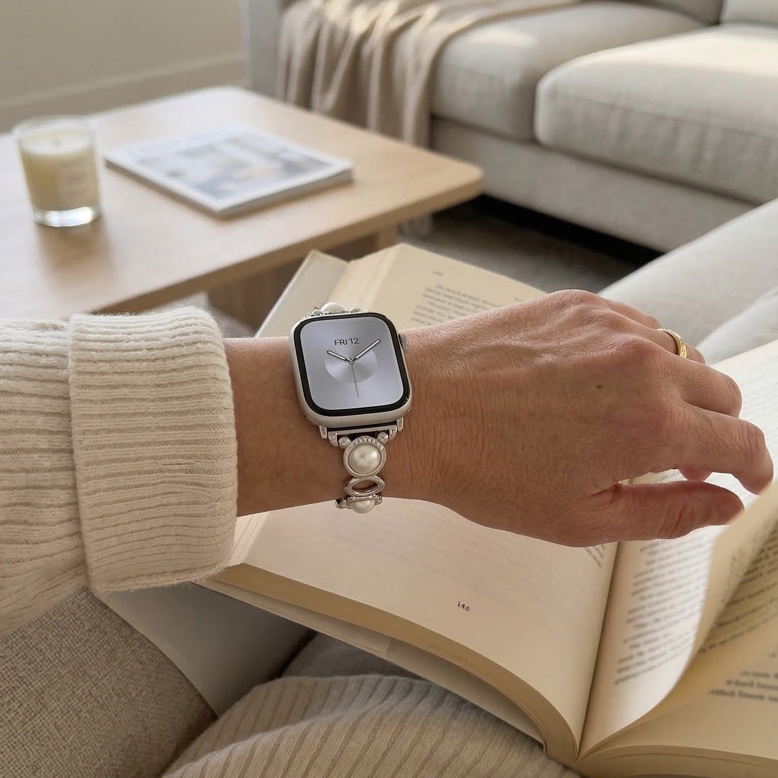 Apple Watch Bracelet with Beads and Vegan Leather, Decorative Smartwatch Band with Beads and Sparkling Details, Vilestia Model