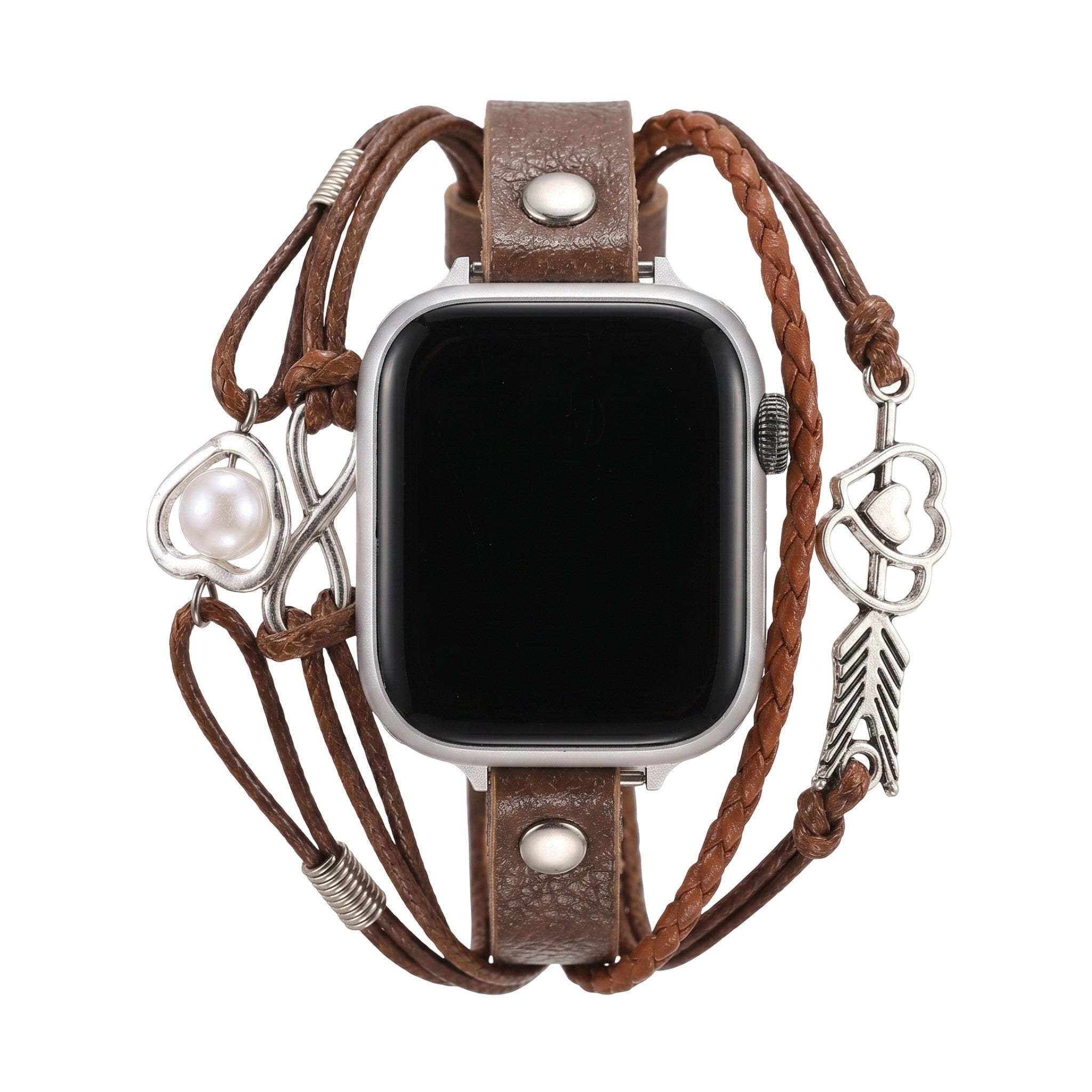 Women's Apple Watch Leather Bracelet, Silver Infinity Heart and Arrow, Multi-Strand Braided Leather Watch Band, Wendie Model