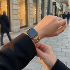 Premium leather Apple Watch bracelet adorned with a sparkling horseshoe, adjustable, refined look, Ustelle model