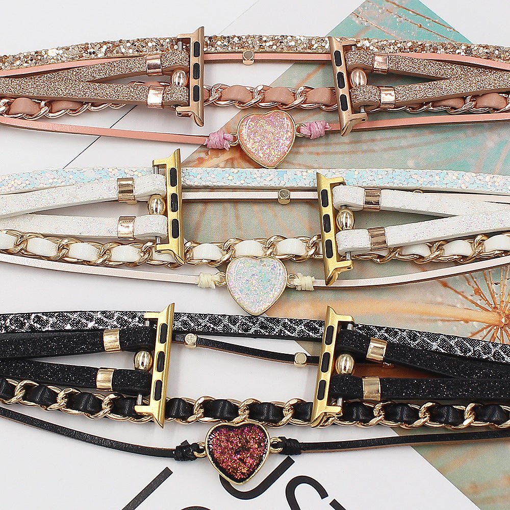 Decorative Apple Watch Bracelet for Women, Braided Leather and Glitter Heart Stone, Original Design, Welna Model