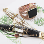 Decorative Apple Watch Bracelet for Women, Braided Leather and Glitter Heart Stone, Original Design, Welna Model