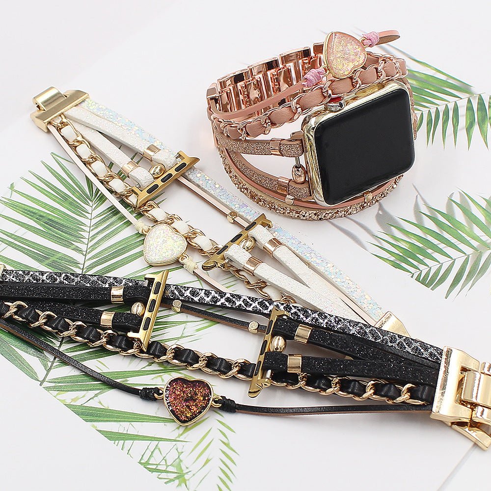 Decorative Apple Watch Bracelet for Women, Braided Leather and Glitter Heart Stone, Original Design, Welna Model