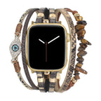 Elegant Apple Watch Bracelet, slim vegan leather straps, brown semi-precious stones, sparkling protective eye charm, Mercuria model