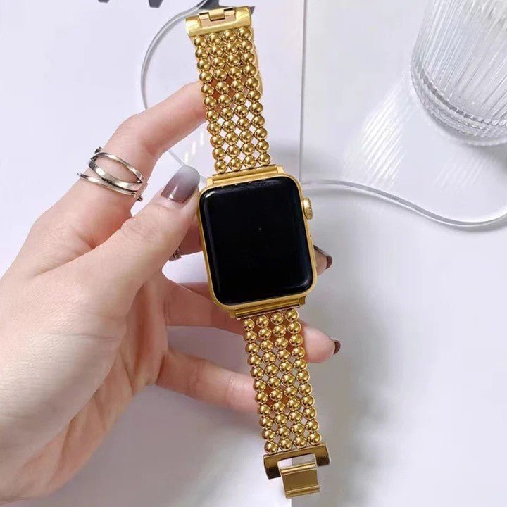 Apple Watch bracelet in stainless steel, metallic bead finish, secure clasp, elegant design, fits all sizes, Isidora model