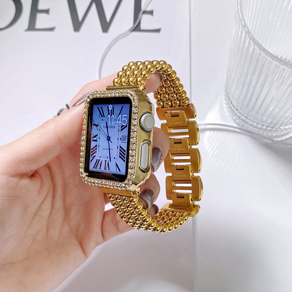 Apple Watch bracelet in stainless steel, metallic bead finish, secure clasp, elegant design, fits all sizes, Isidora model