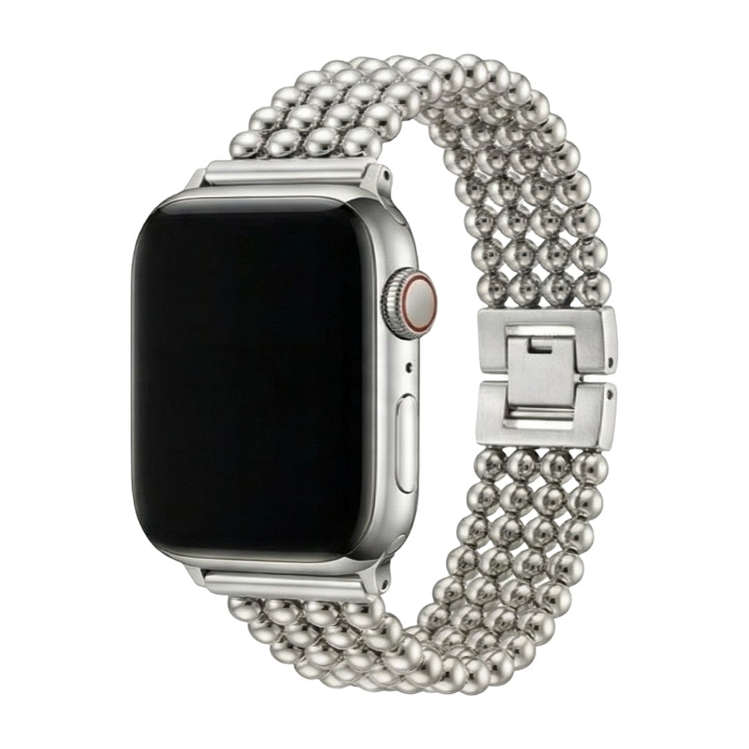 Apple Watch bracelet in stainless steel, metallic bead finish, secure clasp, elegant design, fits all sizes, Isidora model