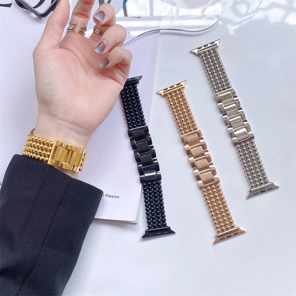 Apple Watch bracelet in stainless steel, metallic bead finish, secure clasp, elegant design, fits all sizes, Isidora model