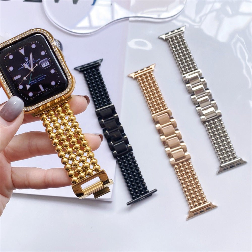Apple Watch bracelet in stainless steel, metallic bead finish, secure clasp, elegant design, fits all sizes, Isidora model