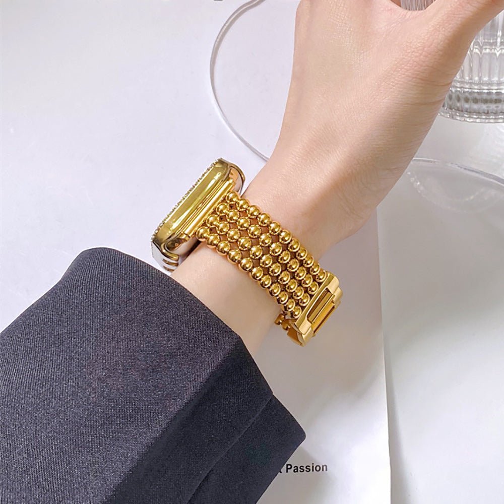 Apple Watch bracelet in stainless steel, metallic bead finish, secure clasp, elegant design, fits all sizes, Isidora model