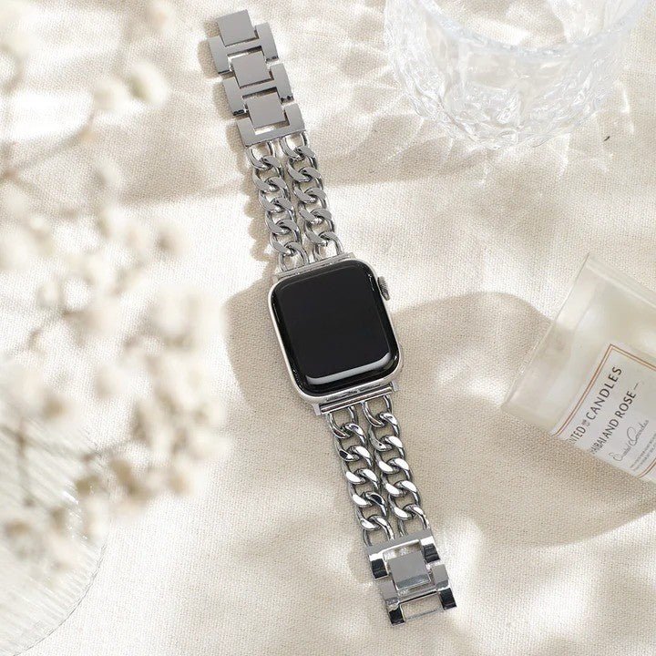 Apple Watch bracelet in stainless steel, double curb chain, elegant and modern, secure clasp, Suza model