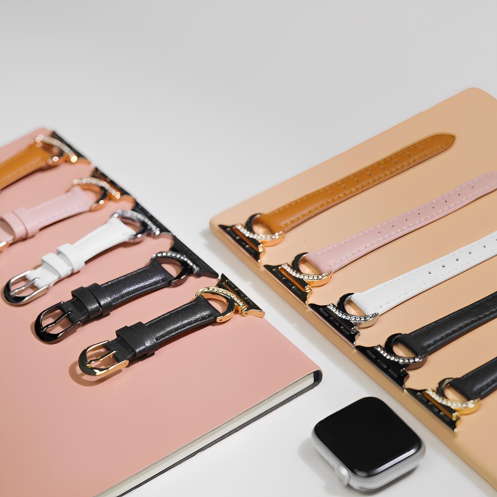 Elegant Leather Apple Watch Bracelet, C-shaped Buckle Adorned with Rhinestones, Refined and Feminine Style, Ozinda Model