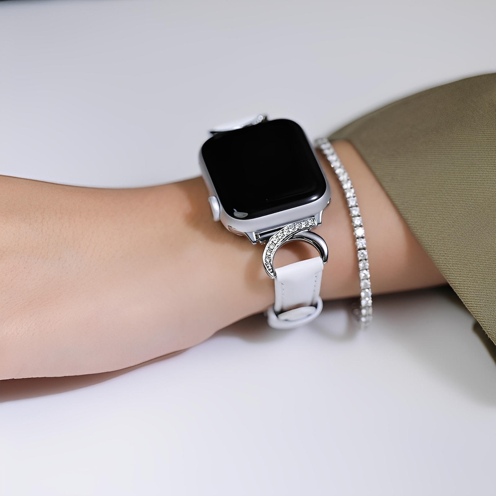 Elegant Leather Apple Watch Bracelet, C-shaped Buckle Adorned with Rhinestones, Refined and Feminine Style, Ozinda Model