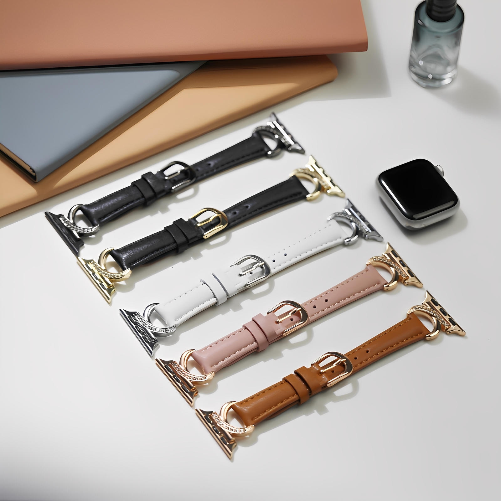 Elegant Leather Apple Watch Bracelet, C-shaped Buckle Adorned with Rhinestones, Refined and Feminine Style, Ozinda Model