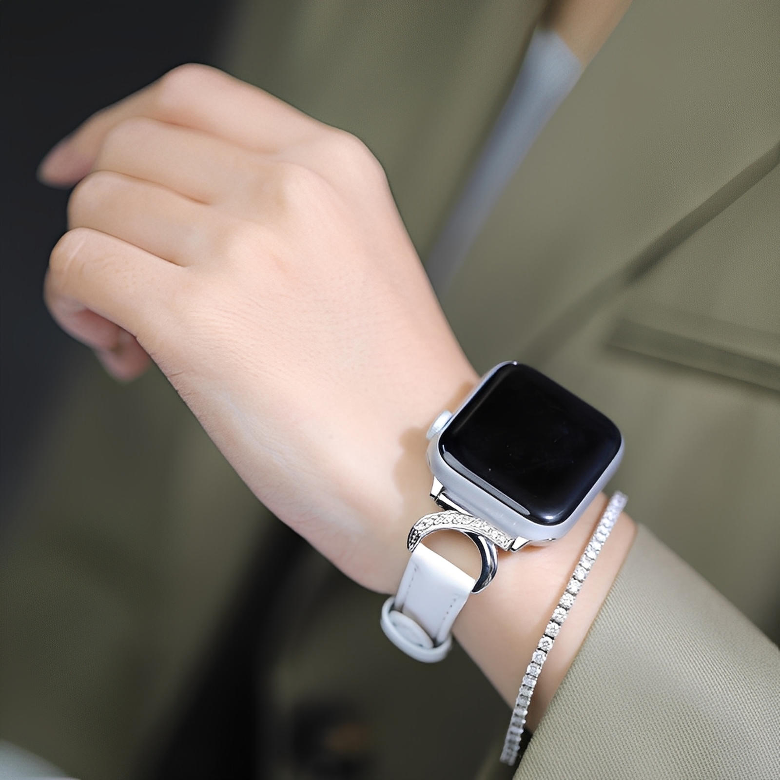 Elegant Leather Apple Watch Bracelet, C-shaped Buckle Adorned with Rhinestones, Refined and Feminine Style, Ozinda Model