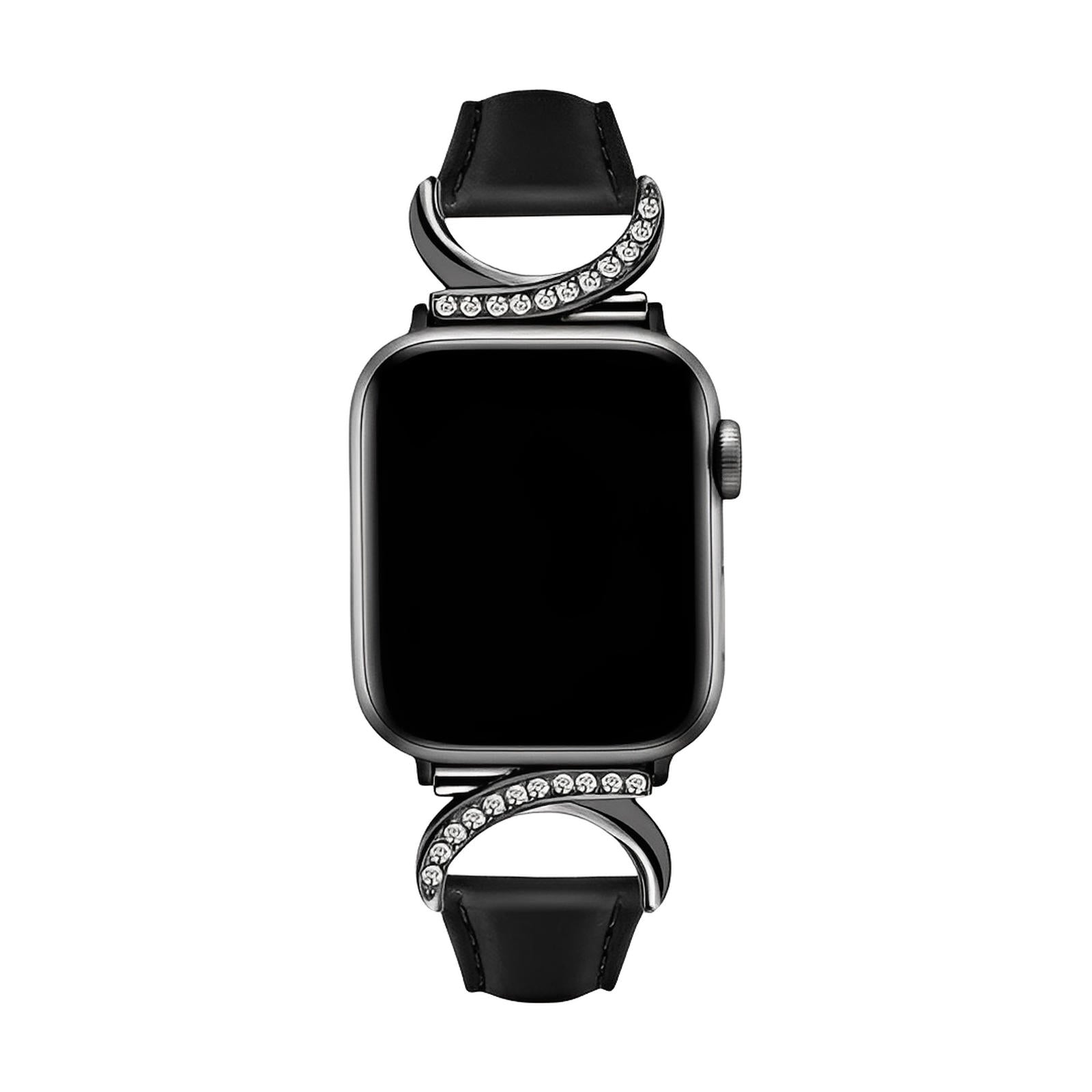 Elegant Leather Apple Watch Bracelet, C-shaped Buckle Adorned with Rhinestones, Refined and Feminine Style, Ozinda Model
