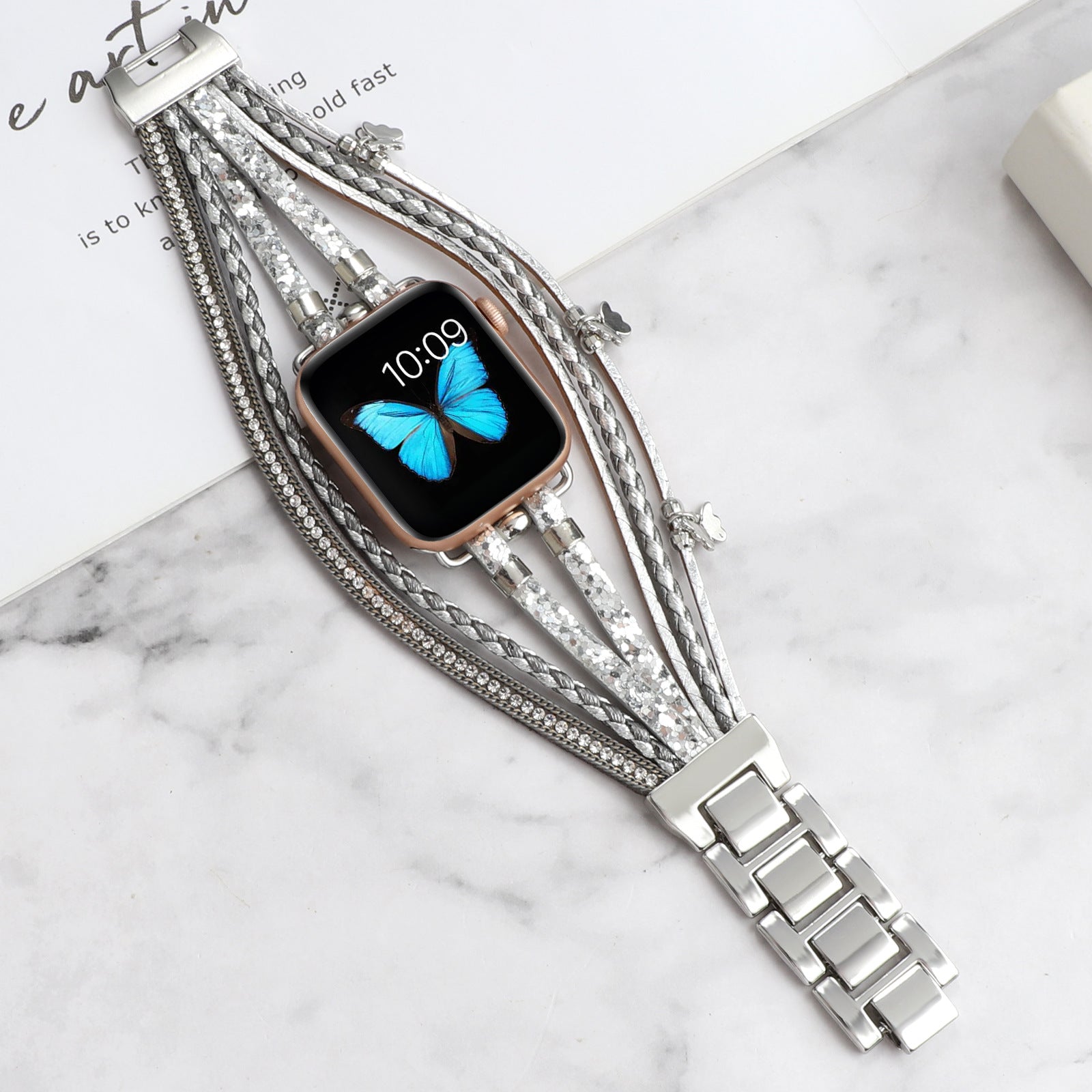 Apple Watch Multi-Strand Bracelet, Butterfly Charms and Rhinestones, for Women, Papilla Model