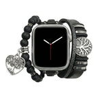 Genuine Leather Apple Watch Bracelet, Black Onyx Beads, Tree of Life Design, Adjustable Clasp, Unisex Accessory, Aristide Model