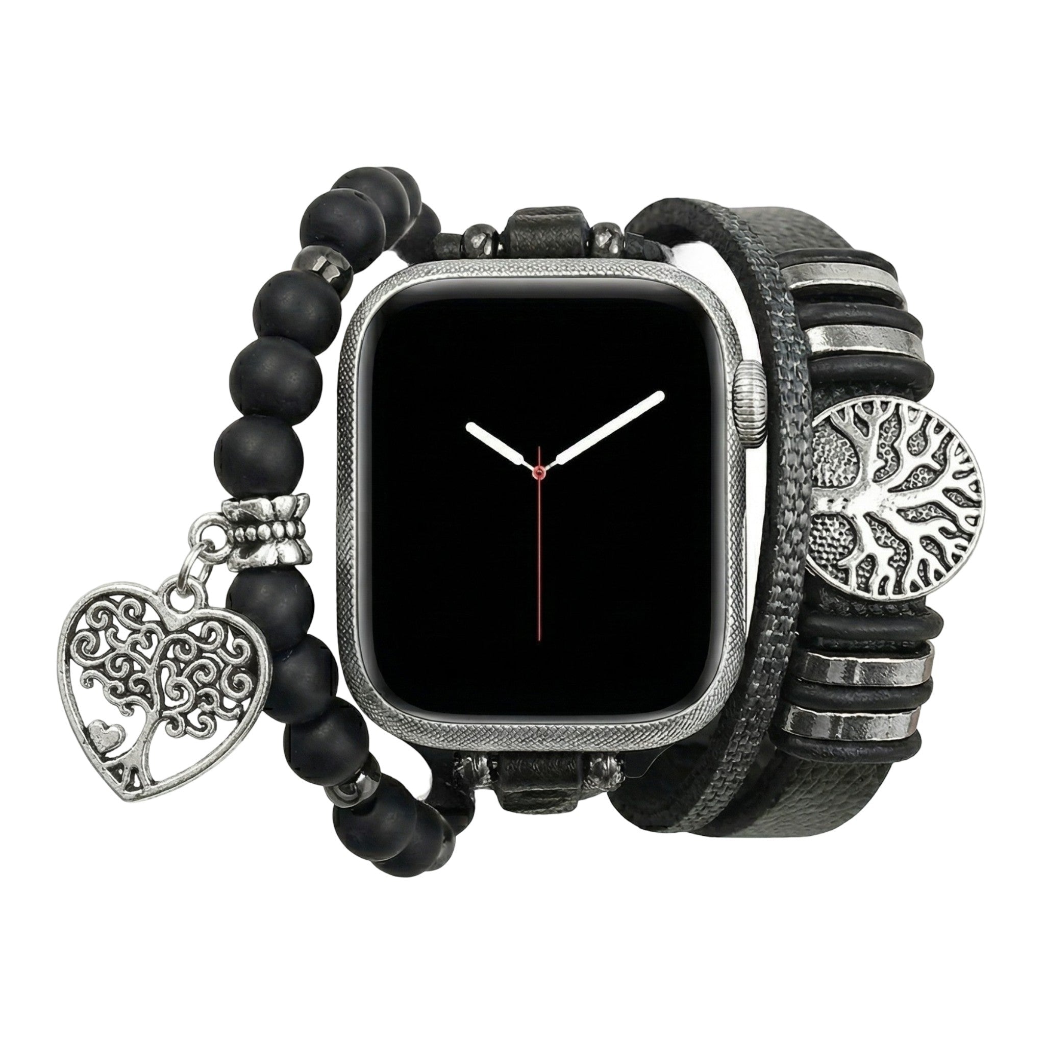 Genuine Leather Apple Watch Bracelet, Black Onyx Beads, Tree of Life Design, Adjustable Clasp, Unisex Accessory, Aristide Model