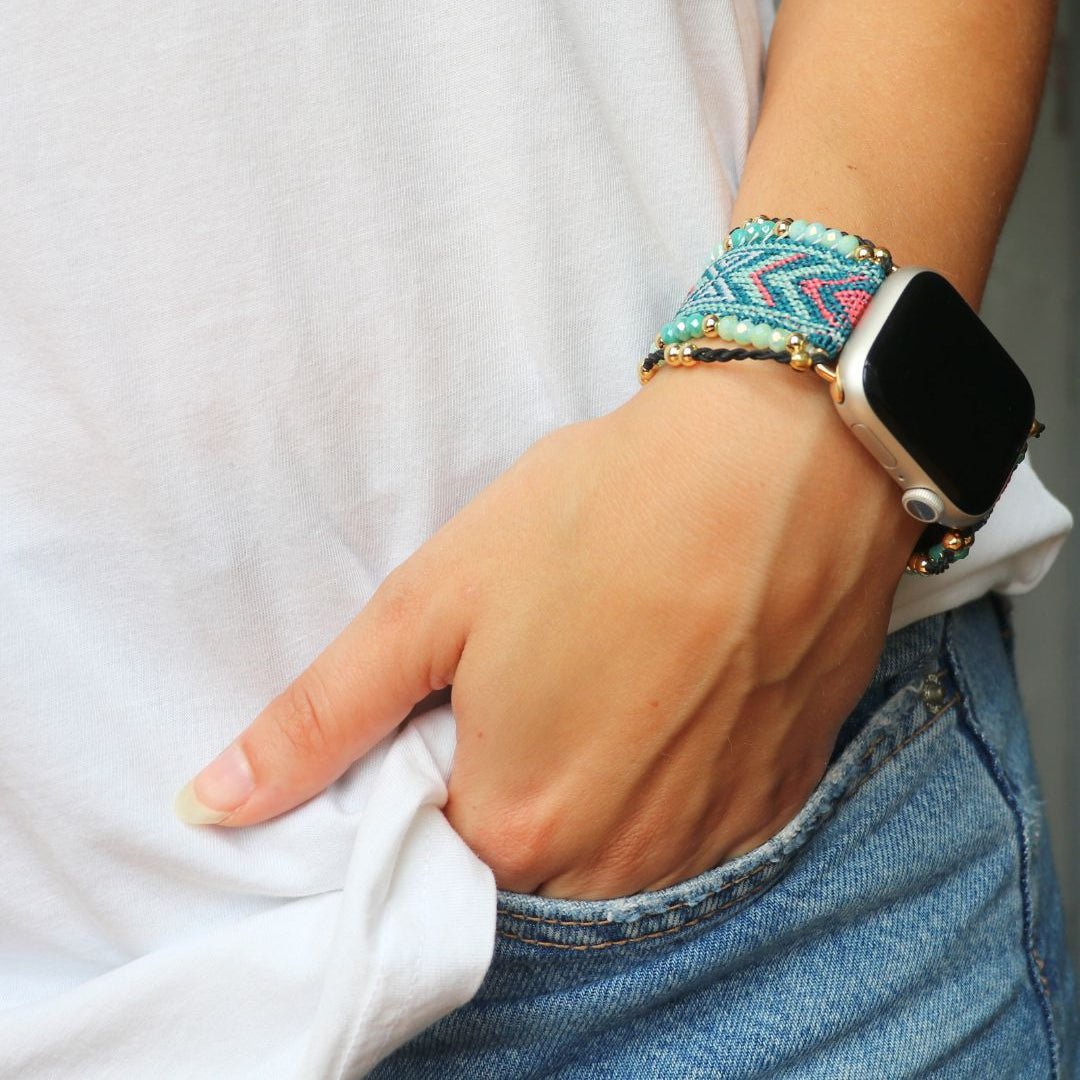 Alara Model Bohemian Woven Nylon Apple Watch Bracelet with Crystal Beads and Geometric Pattern for Women