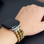 Woody Wooden Bead Bracelet for Apple Watch, Silver Engraved Connectors, Ethnic Chic Style, Elastic Model
