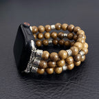 Woody Wooden Bead Bracelet for Apple Watch, Silver Engraved Connectors, Ethnic Chic Style, Elastic Model