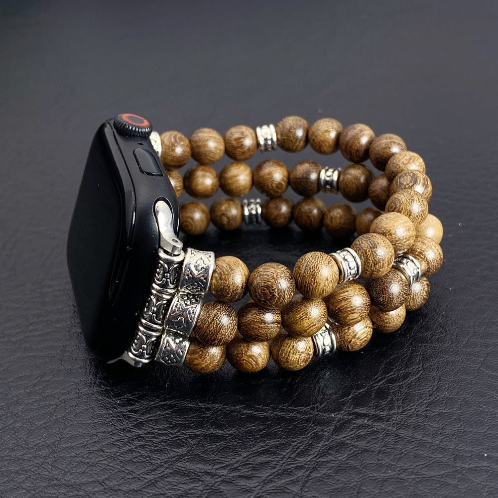 Woody Wooden Bead Bracelet for Apple Watch, Silver Engraved Connectors, Ethnic Chic Style, Elastic Model