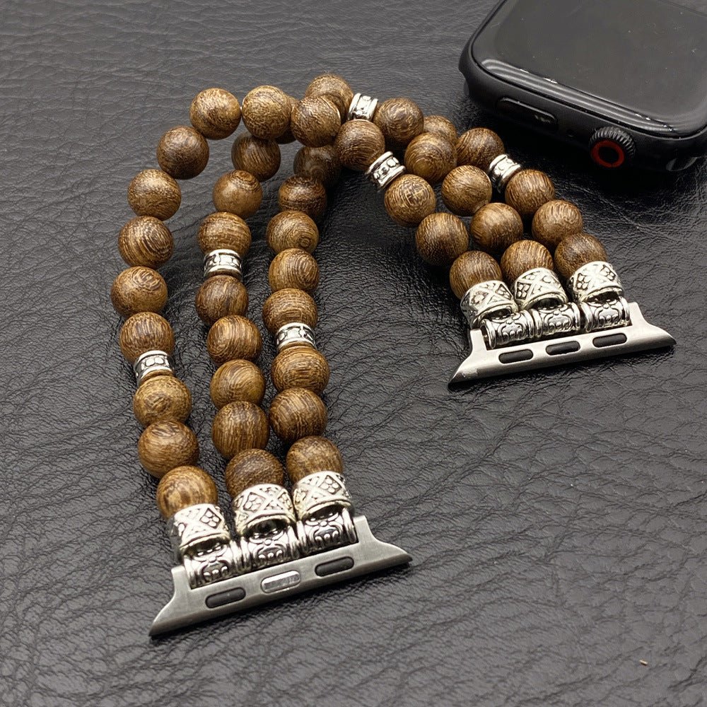 Woody Wooden Bead Bracelet for Apple Watch, Silver Engraved Connectors, Ethnic Chic Style, Elastic Model