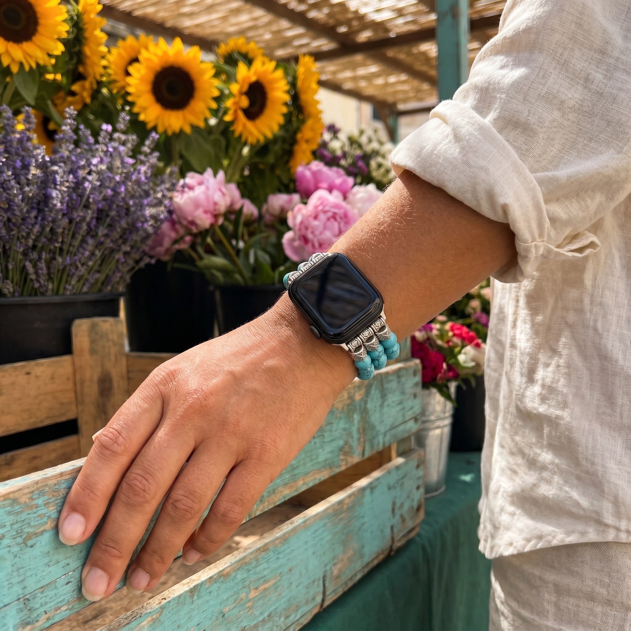 Apple Watch Bracelet in Natural Beads, Volcanic Stone or Turquoise, Adjustable Elastic, Boho Chic Style, Josin Model