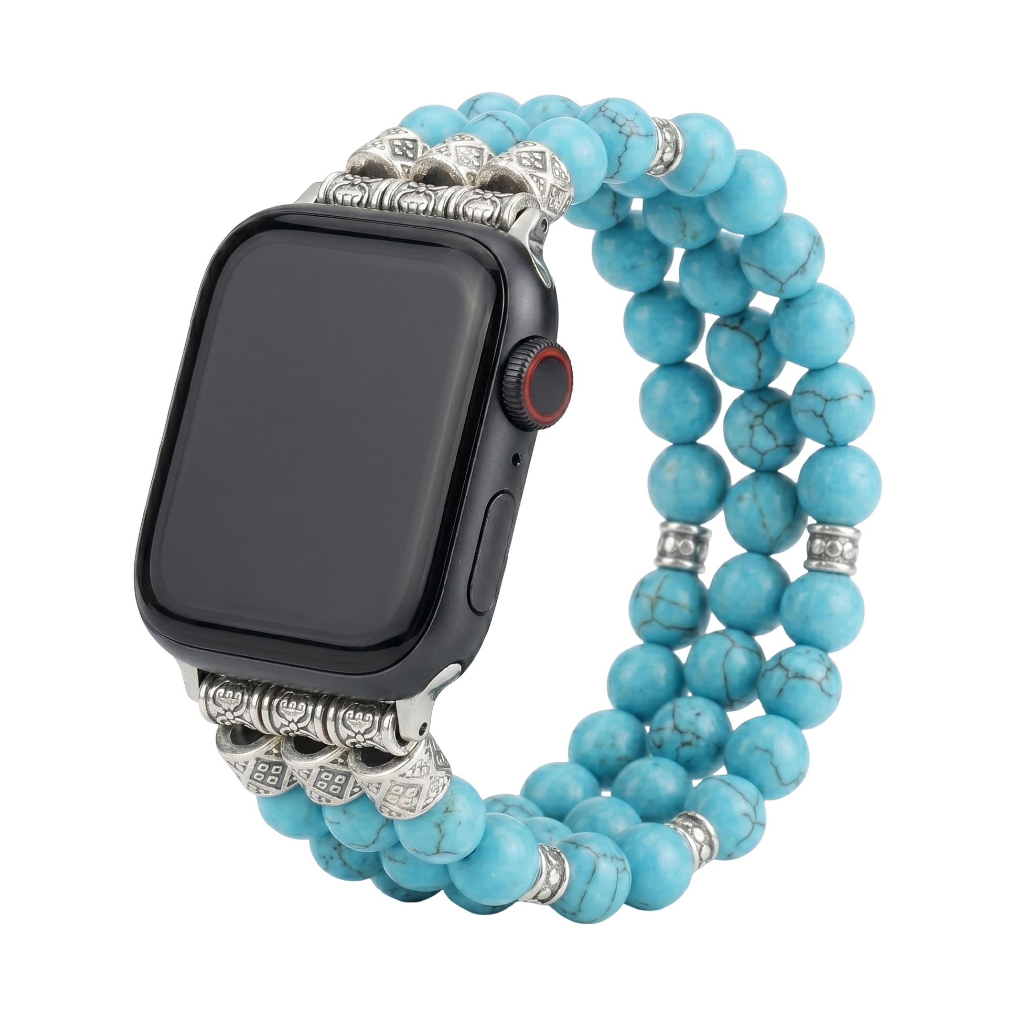 Apple Watch Bracelet in Natural Beads, Volcanic Stone or Turquoise, Adjustable Elastic, Boho Chic Style, Josin Model