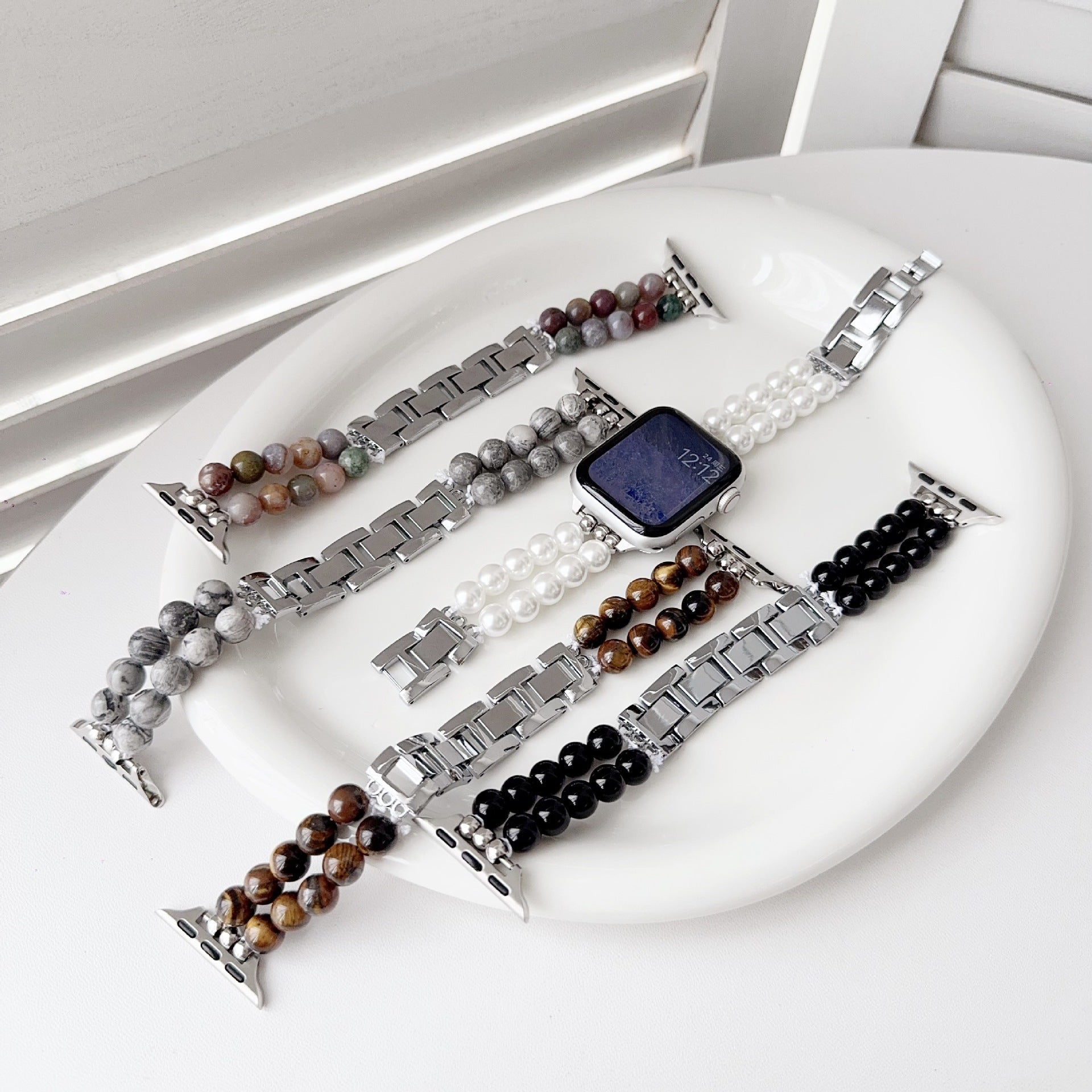 Apple Watch Bracelet in Natural Stones, Double Row of Beads, Metal Links, Spedzire Model