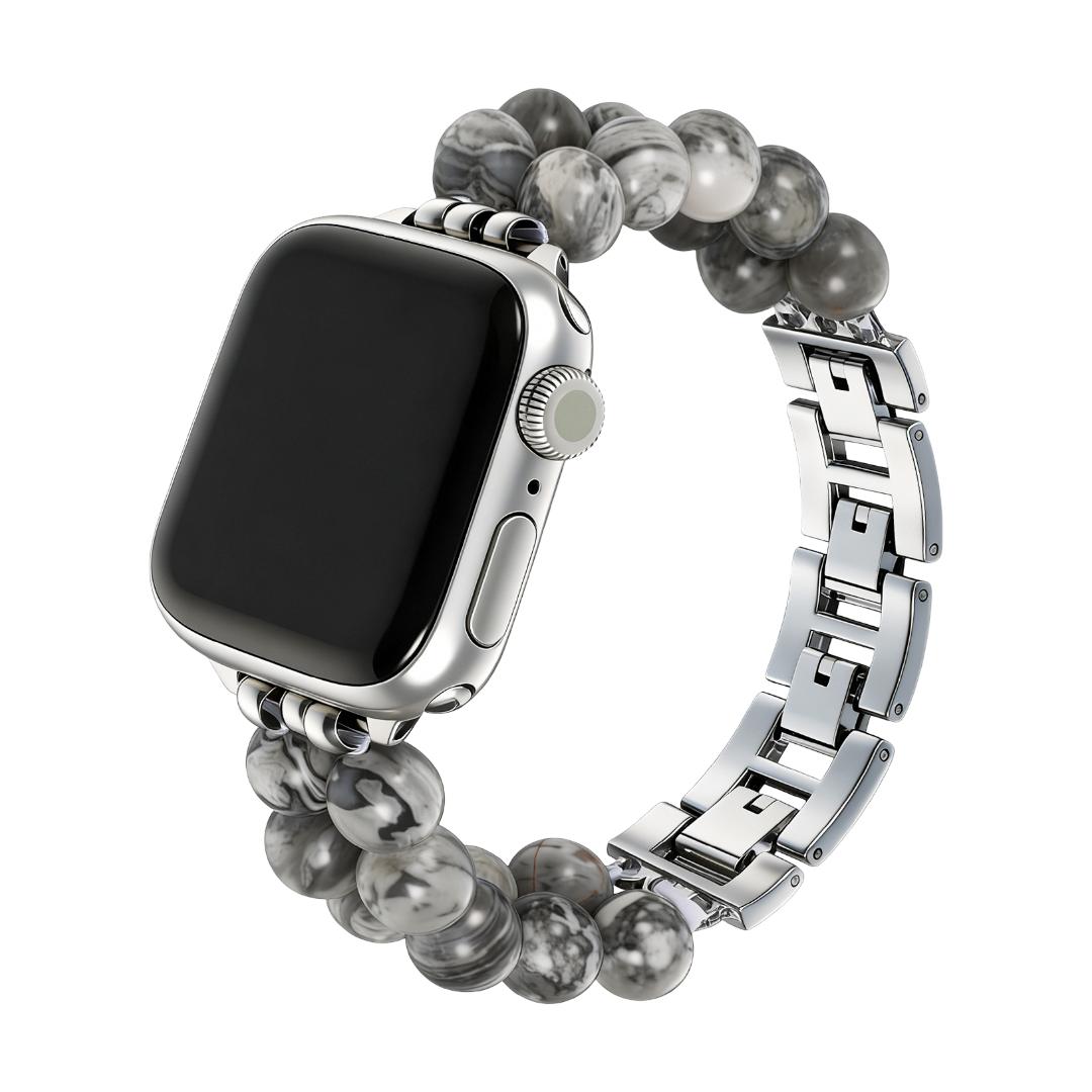 Apple Watch Bracelet in Natural Stones, Double Row of Beads, Metal Links, Spedzire Model