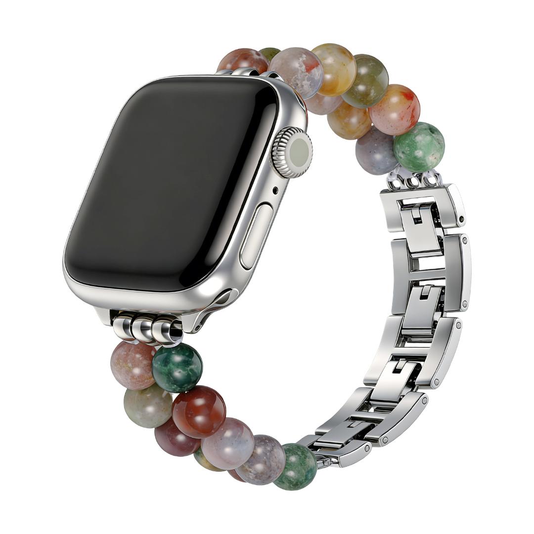 Apple Watch Bracelet in Natural Stones, Double Row of Beads, Metal Links, Spedzire Model