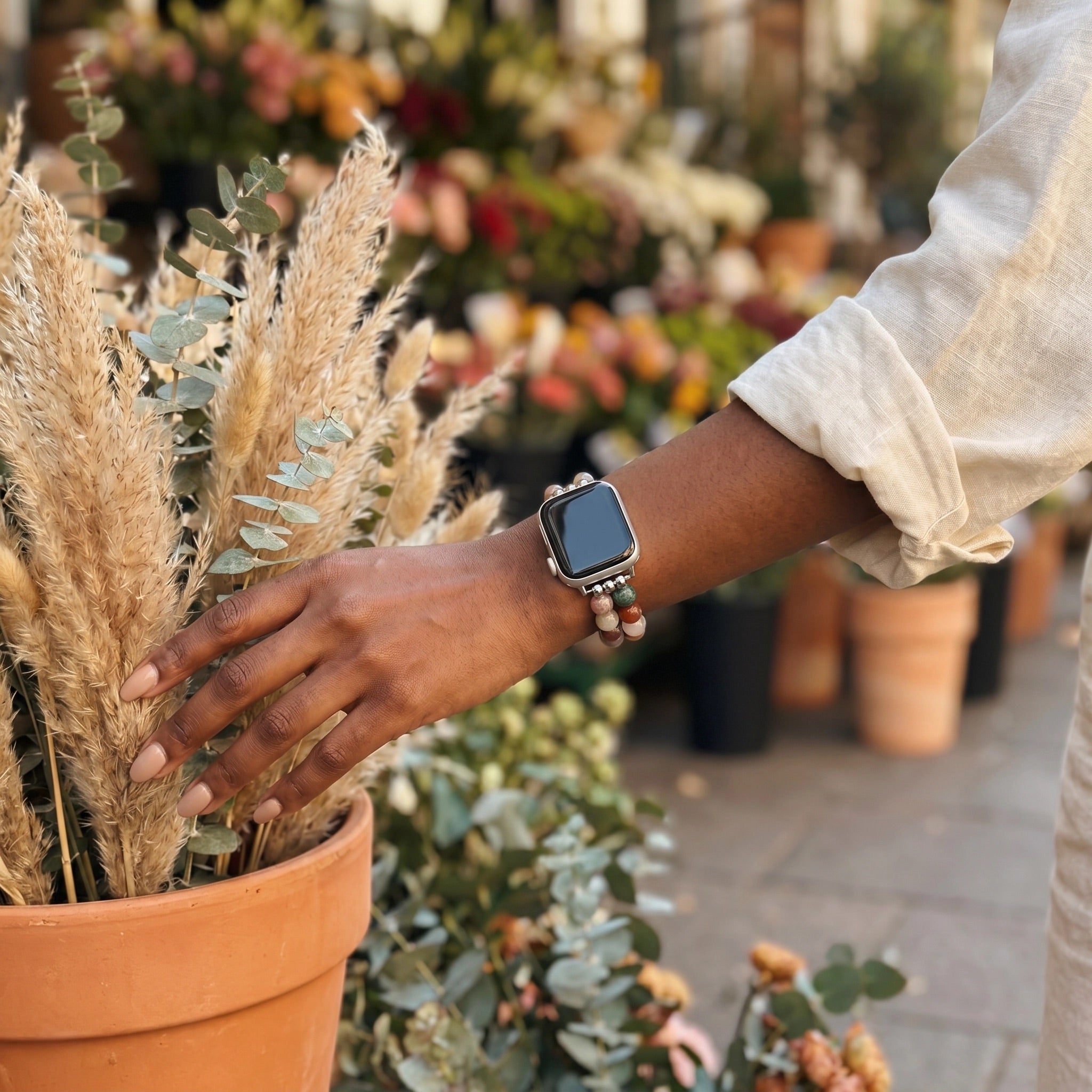 Apple Watch Bracelet in Natural Stones, Double Row of Beads, Metal Links, Spedzire Model