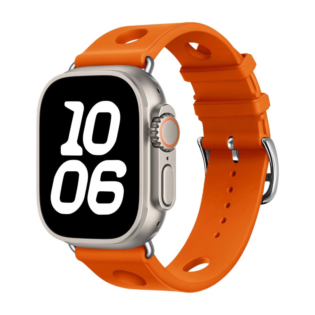Apple Watch bracelet in perforated silicone, breathable design, stainless steel clasp, dynamic style, Harténie model