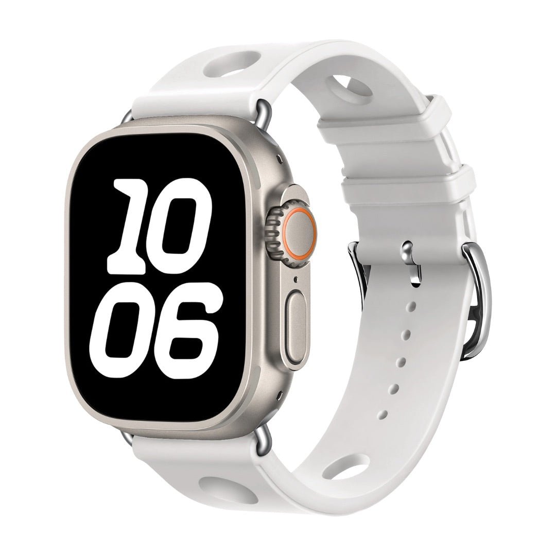Apple Watch bracelet in perforated silicone, breathable design, stainless steel clasp, dynamic style, Harténie model