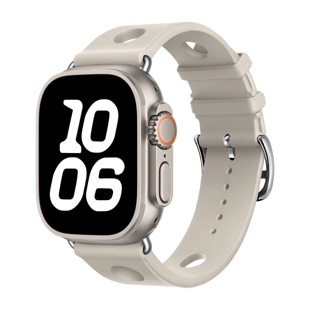 Apple Watch bracelet in perforated silicone, breathable design, stainless steel clasp, dynamic style, Harténie model