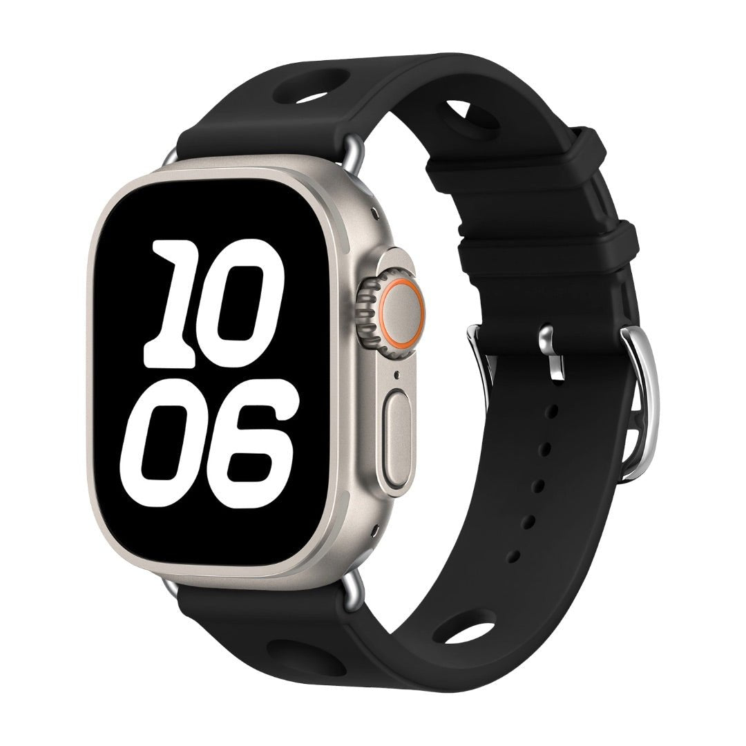 Apple Watch bracelet in perforated silicone, breathable design, stainless steel clasp, dynamic style, Harténie model