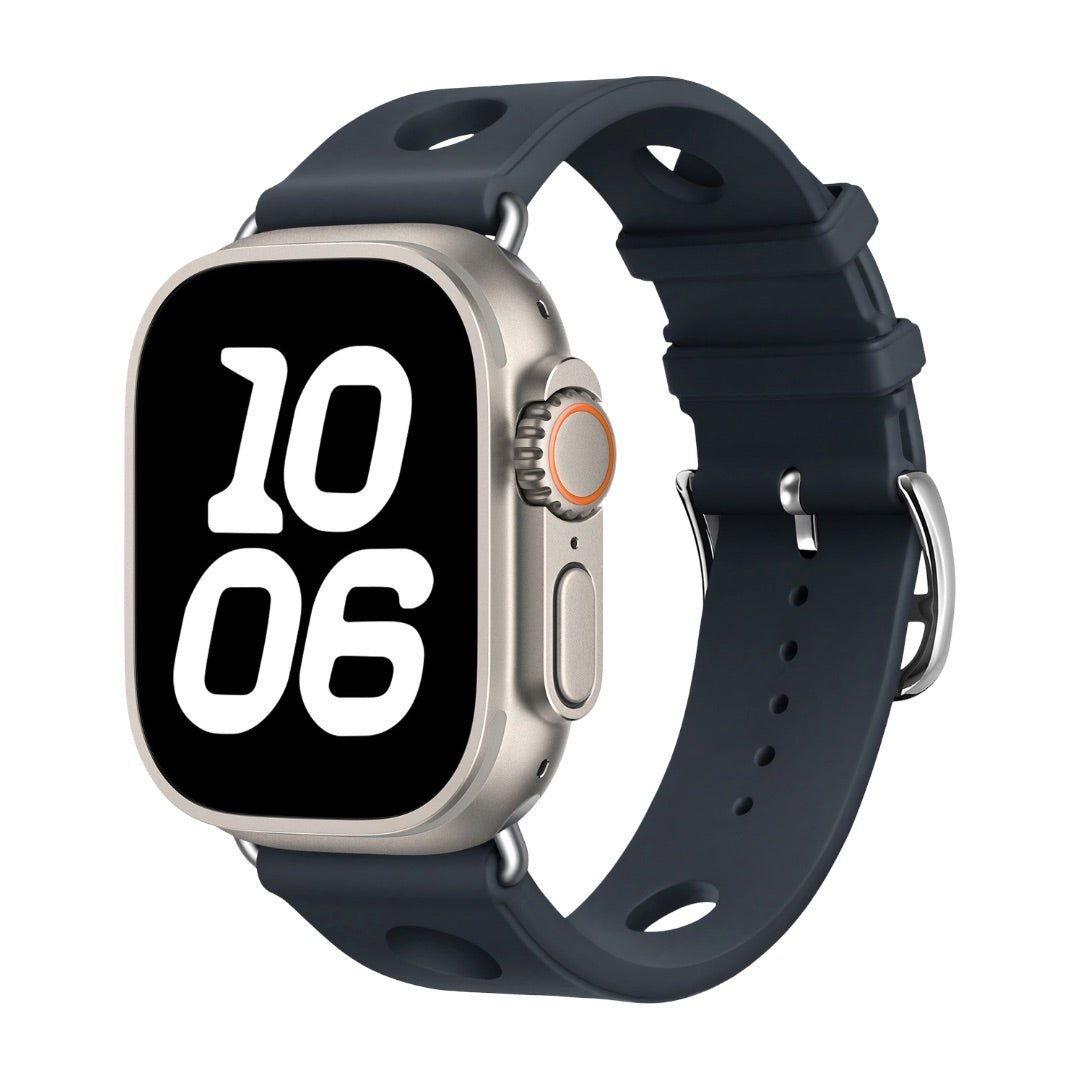 Apple Watch bracelet in perforated silicone, breathable design, stainless steel clasp, dynamic style, Harténie model