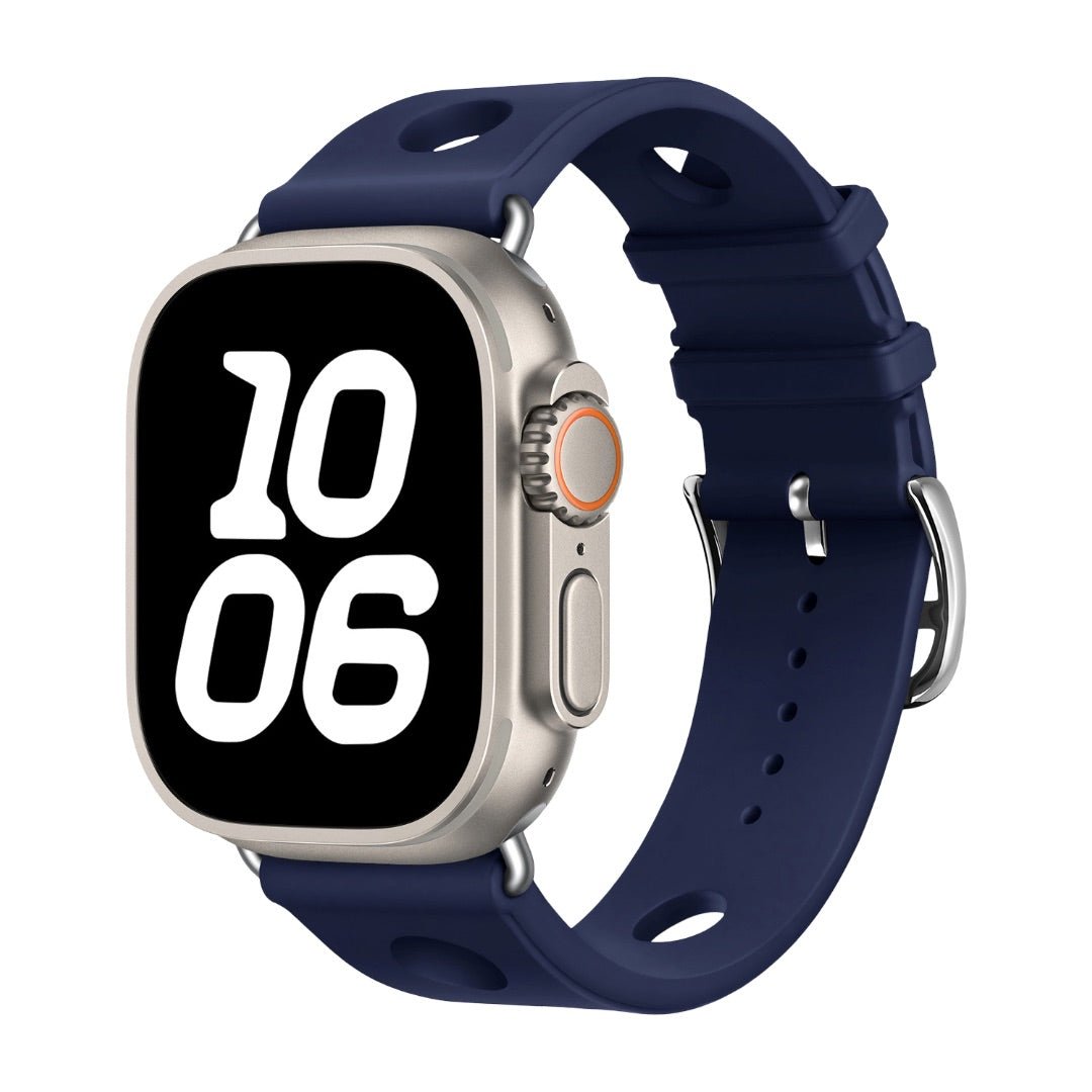 Apple Watch bracelet in perforated silicone, breathable design, stainless steel clasp, dynamic style, Harténie model
