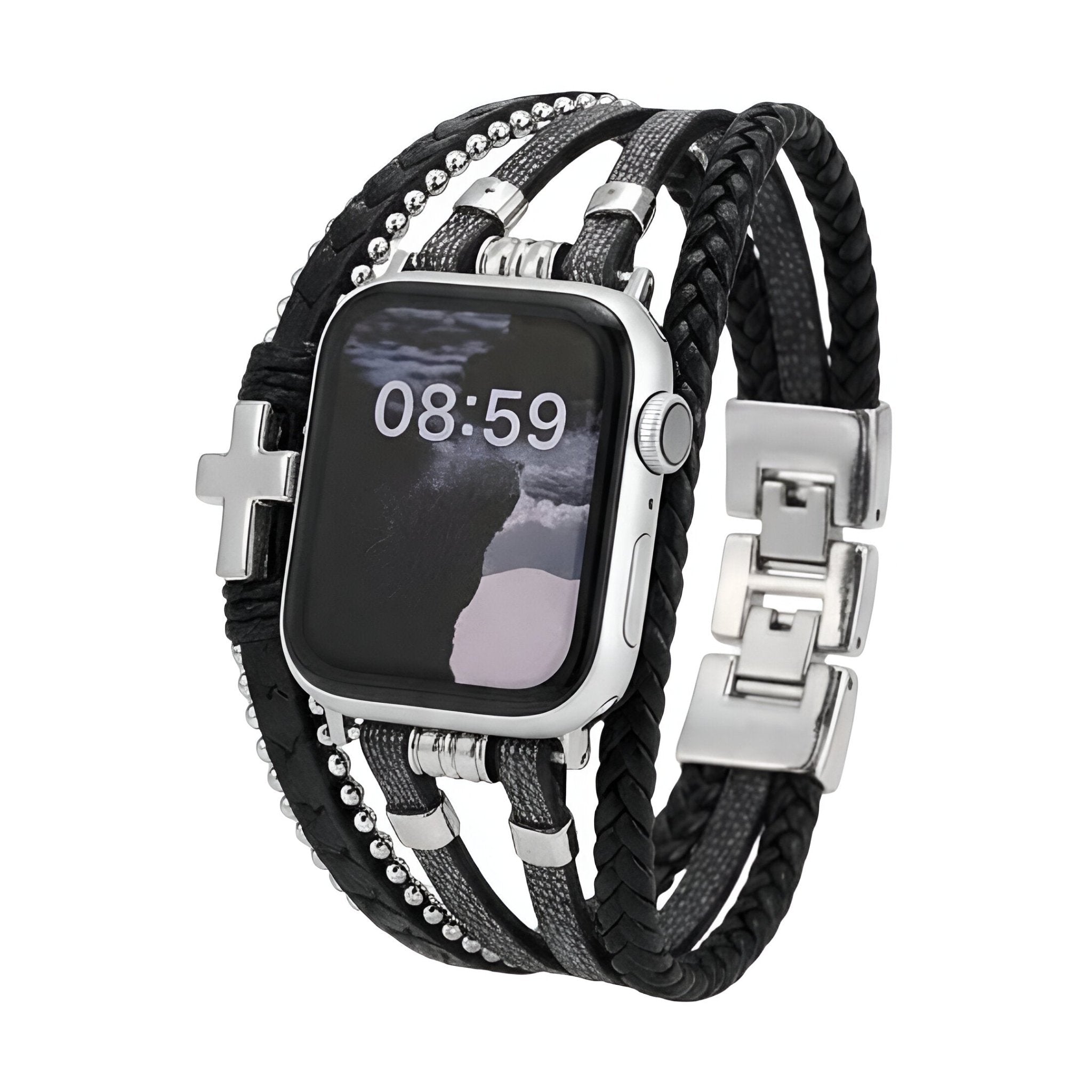 Braided Vegan Leather Apple Watch Bracelet, Multi-Wrap with Metal Cross, Bold and Modern Look, Daxo Model