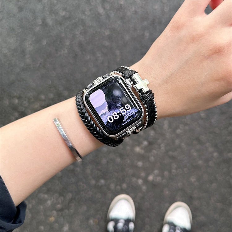 Braided Vegan Leather Apple Watch Bracelet, Multi-Wrap with Metal Cross, Bold and Modern Look, Daxo Model